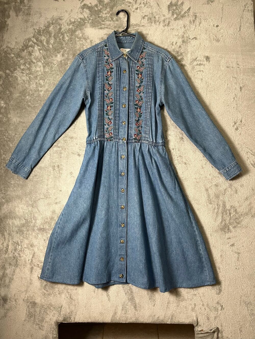 Vintage Embroidered Denim Button Front Midi Dress Western Prairie Country 90s